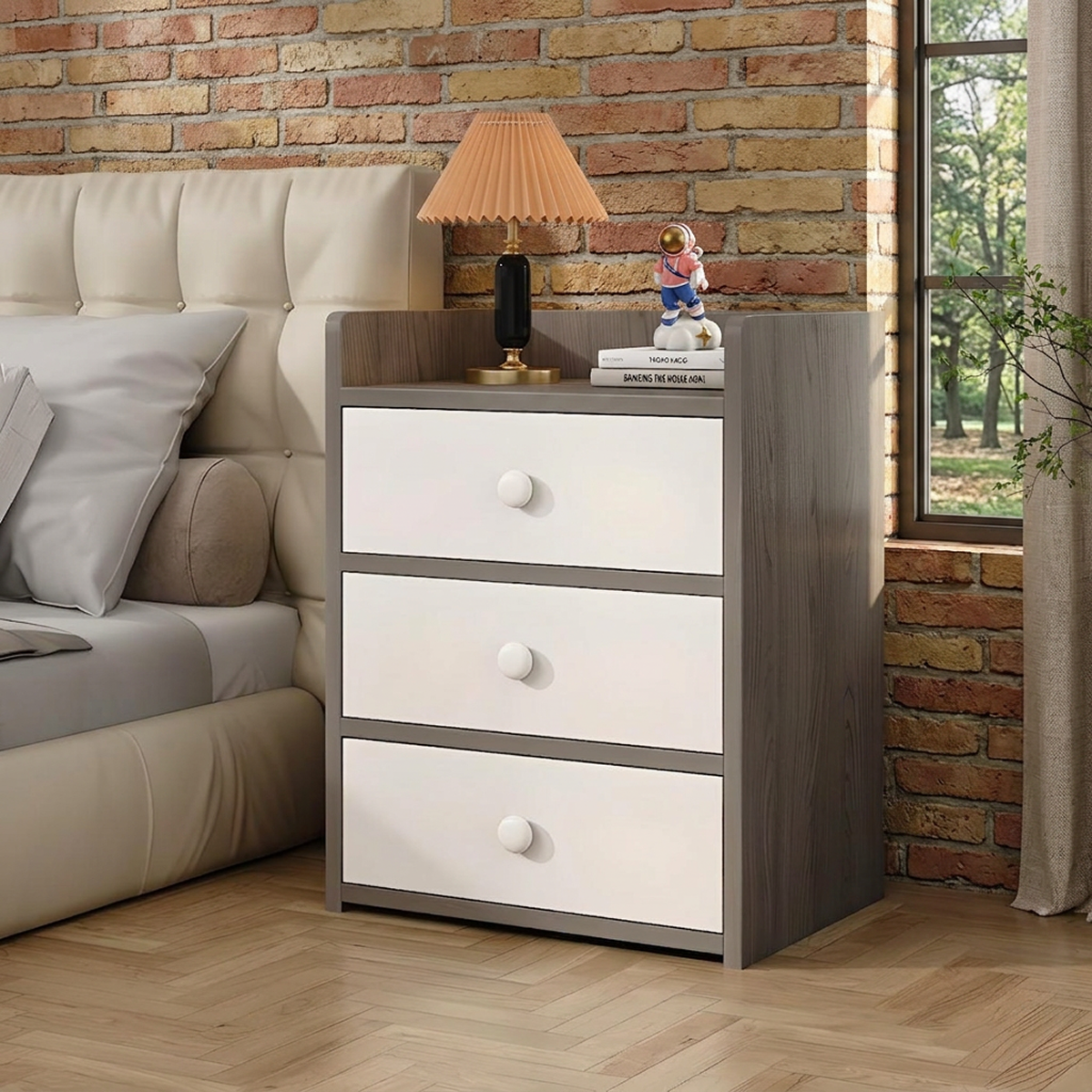 Noptiera Moderna cu 3 Sertare | PAL Melaminat | Design Gri cu Sertare Albe | 32.2x26x48 cm