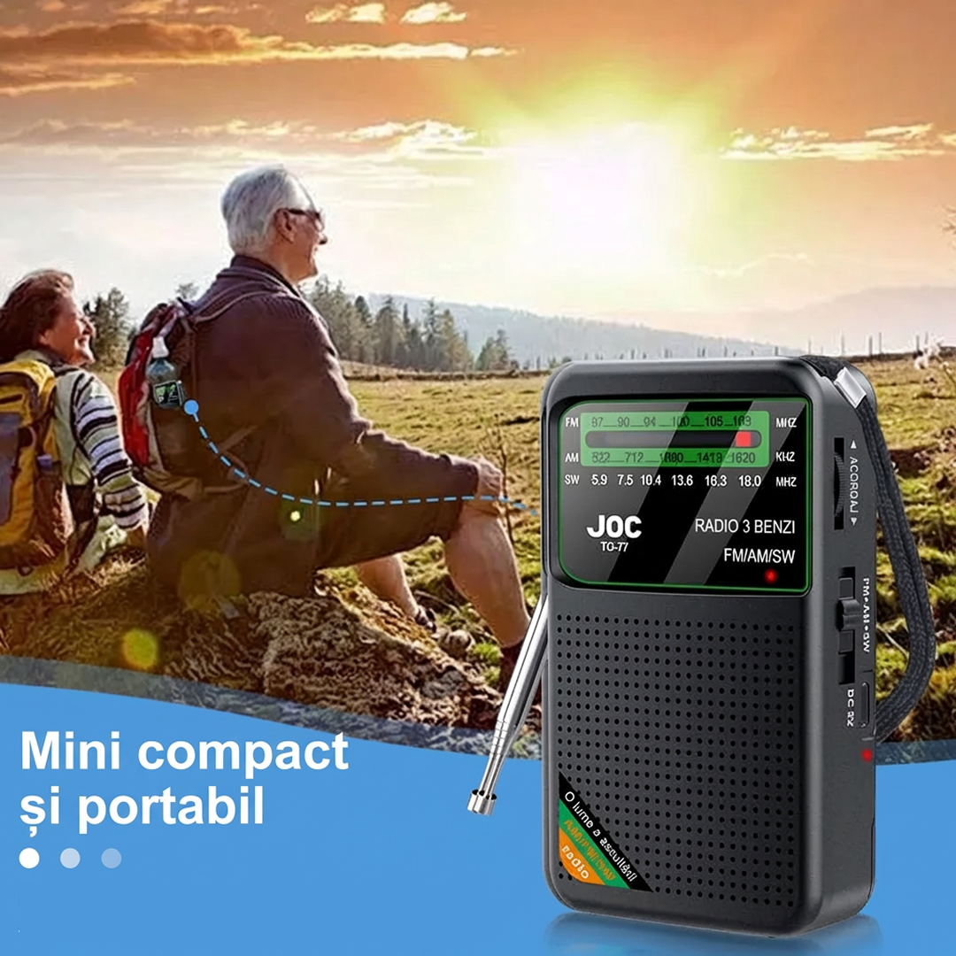 Radio Portabil | AM FM SW Stereo | USB-C Baterii 1000mAh Mufa Casti | Difuzor 3W | Negru