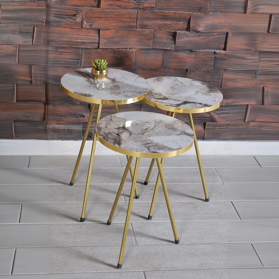 Set 3 Mese Cafea Rotunde Suprapozabile | Alb si Auriu | Cadru Metalic Rezistent | Design Compact