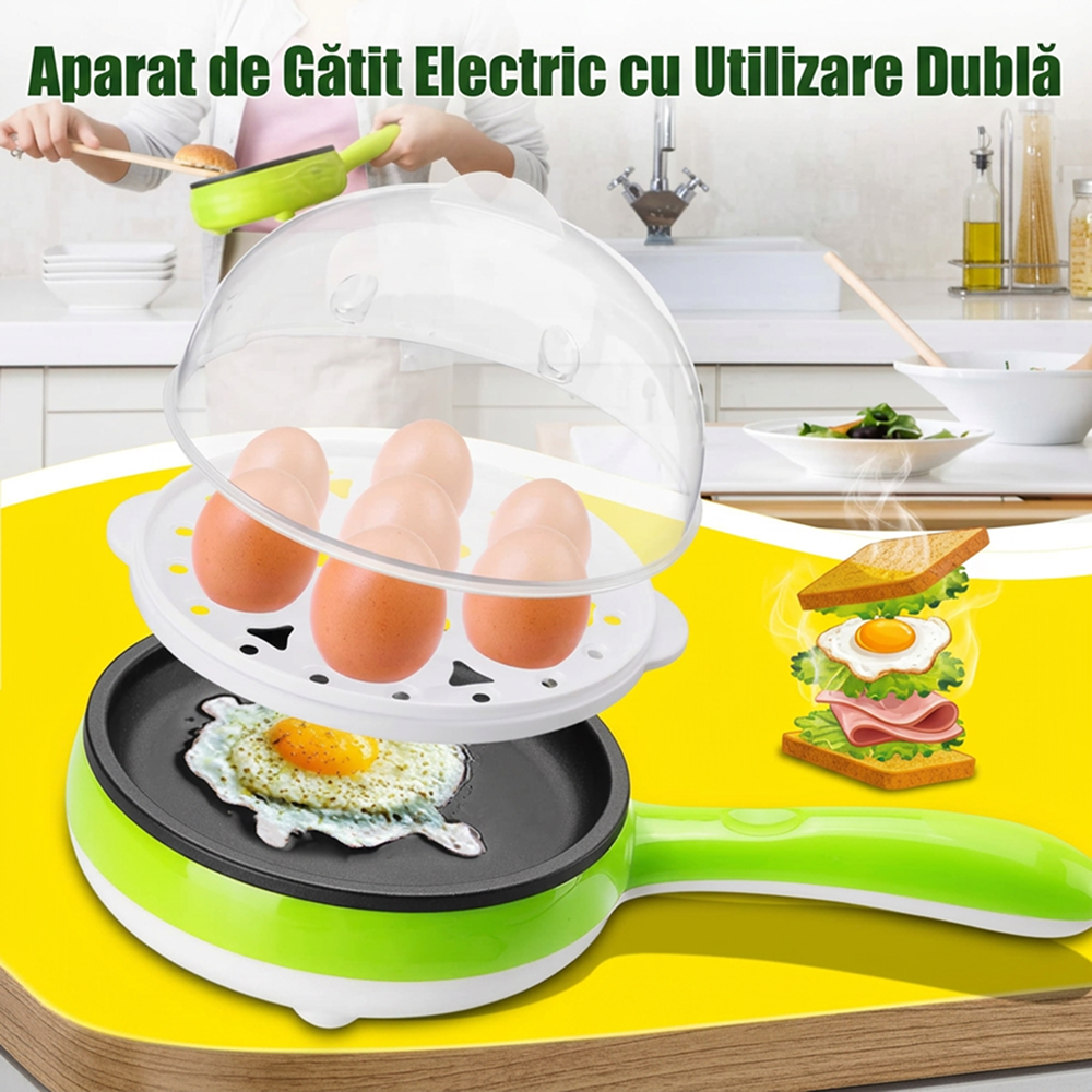 Mini Tigaie Electrica Multifunctionala cu Fierbator pentru Oua | 350W | 15 cm | Temperatura Reglabila | Invelis Antiaderent