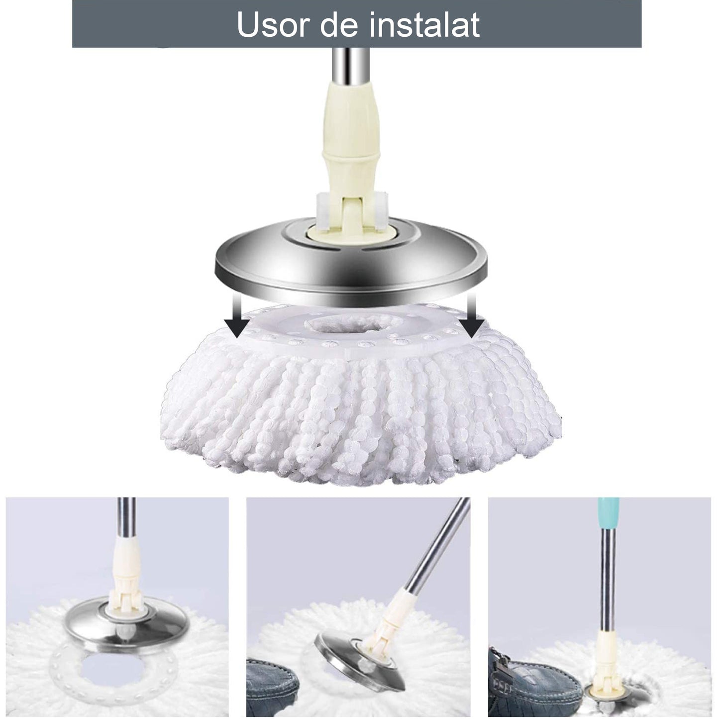 Set Mop Magic Rotativ 360° | Cu Talpă Și Cuvă Din Inox + 4 Rezerve Microfibră + Perie Pentru Rosturi
