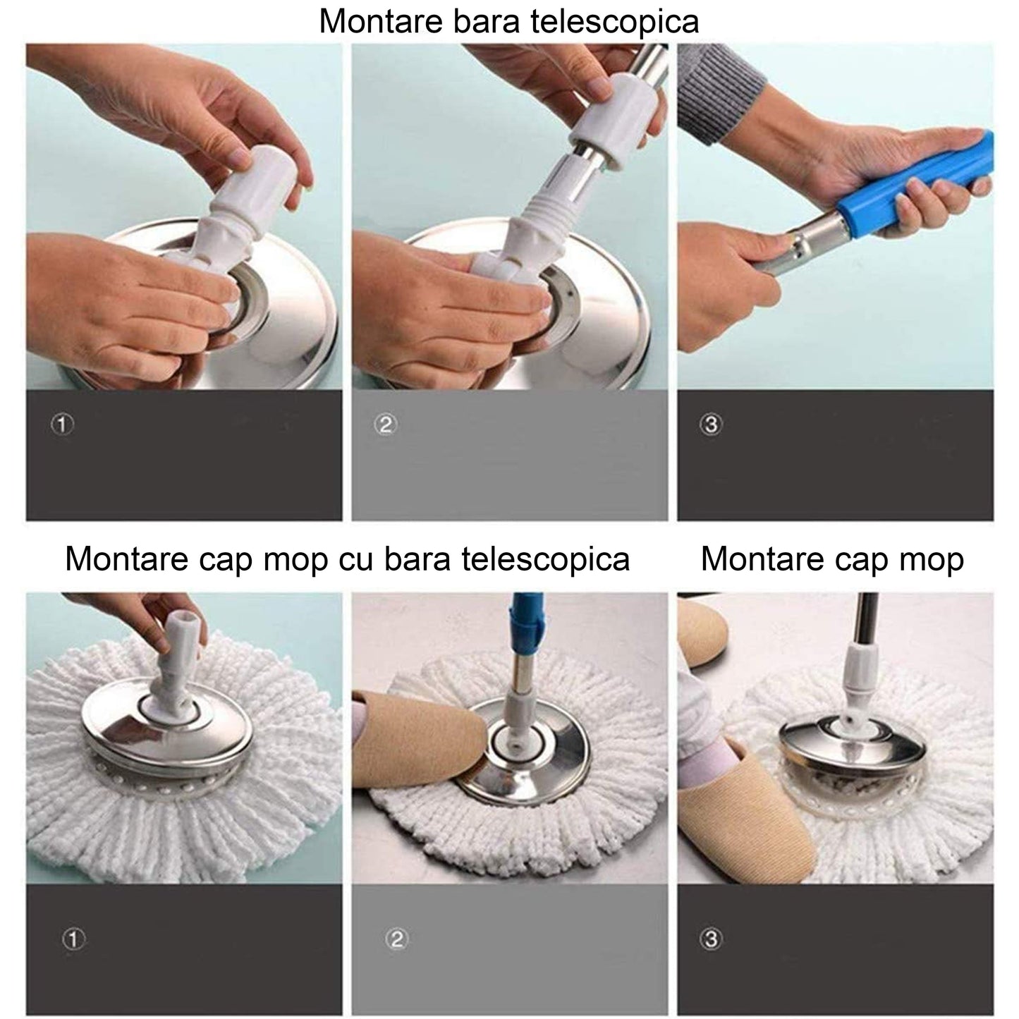 Set Mop Magic Rotativ 360° | Cu Talpă Și Cuvă Din Inox + 4 Rezerve Microfibră + Perie Pentru Rosturi