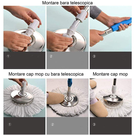 Set Mop Magic Rotativ 360° | Cu Talpă Și Cuvă Din Inox + 4 Rezerve Microfibră