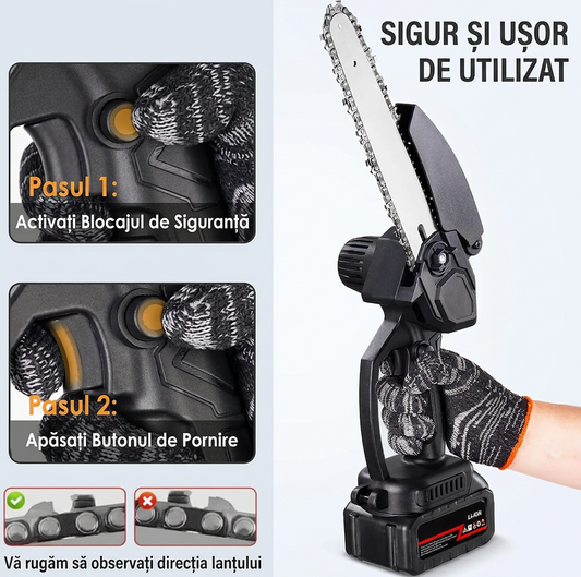 Mini Drujbă cu Acumulator, Lamă 6 inch, 2 Acumulatori 48V, 2 Lanțuri, Kit în Valiză