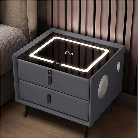 Noptiera Inteligenta Multifunctionala 50x40x45 cm | 2 Sertare | LED Tactil 3 Culori | Incarcare Wireless | Difuzor Bluetooth | Gri Inchis