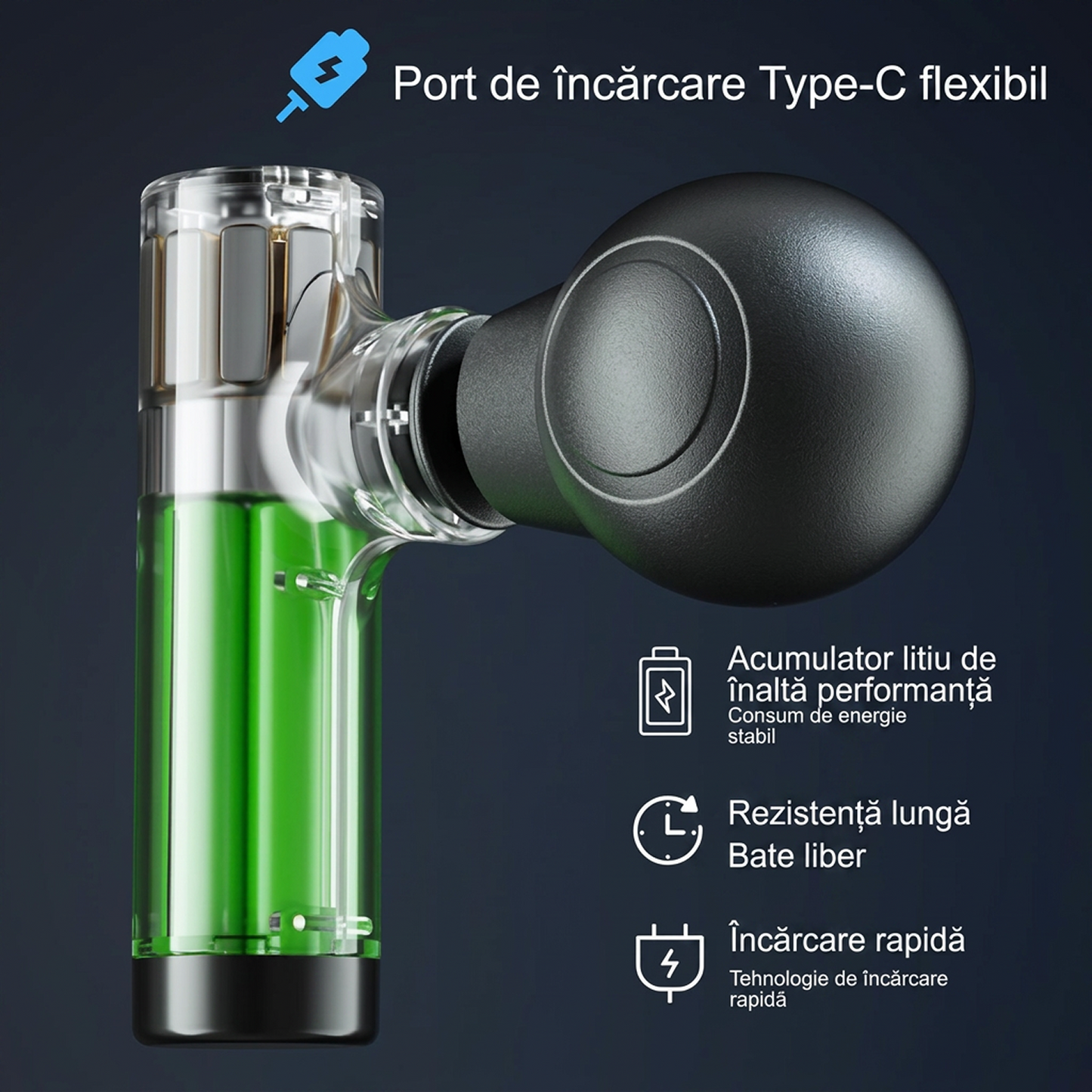 Mini Pistol de Masaj Muscular | 4 Capete Interschimbabile | USB Reincarcabil | Portabil | Masaj prin Percutie