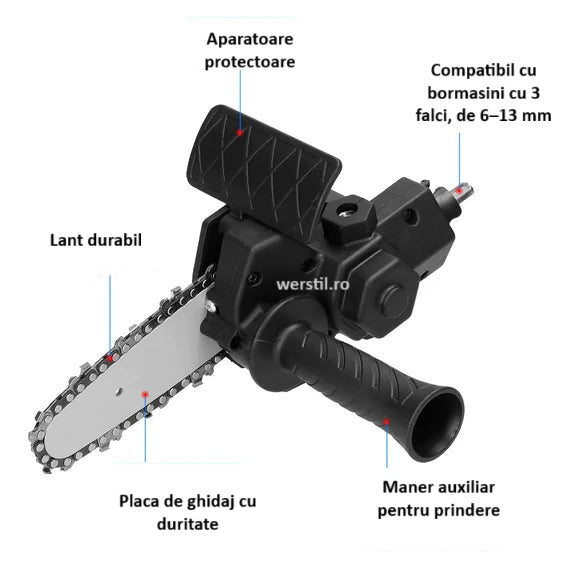 Adaptor motofierastrau pentru autofiletanta sau bormasina – Lama 10 cm, 2 lanturi incluse