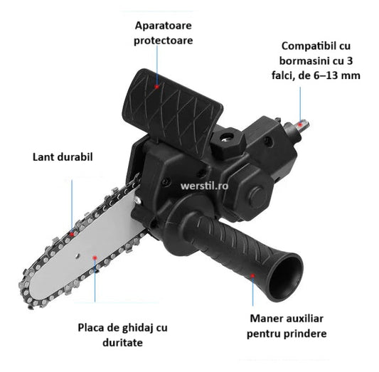 Adaptor motofierastrau pentru autofiletanta sau bormasina – Lama 10 cm, 2 lanturi incluse