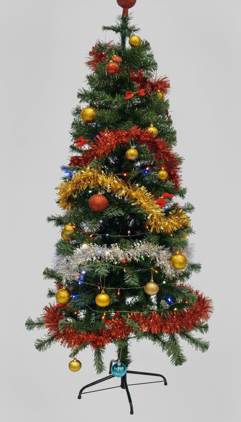 Brad Artificial 1.80m cu Set Impodobit 24 Globuri, 4 Beteala, Instalatie 100 LED, Suport Metalic