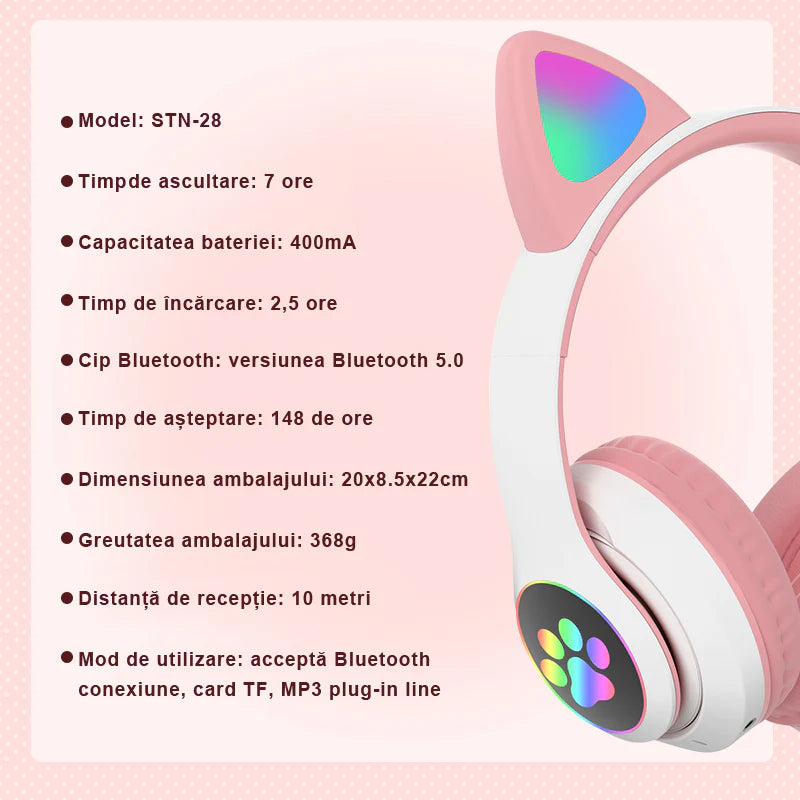 Casti Wireless Pliabile Cu Urechi De Pisica Iluminate LED | Bluetooth 5.0 | Bass Stereo | Slot Card SD