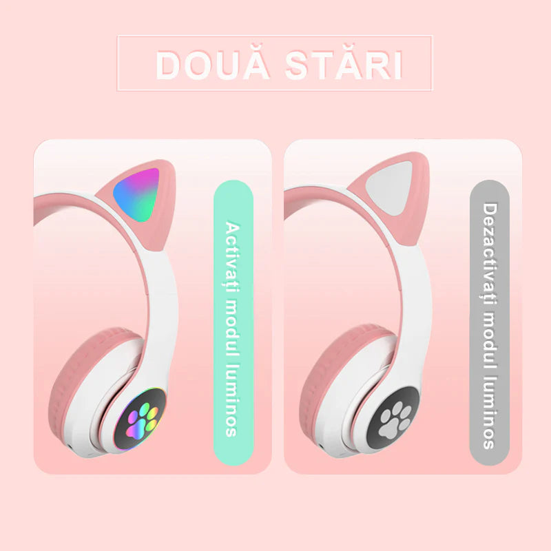 Casti Wireless Pliabile Cu Urechi De Pisica Iluminate LED | Bluetooth 5.0 | Bass Stereo | Slot Card SD