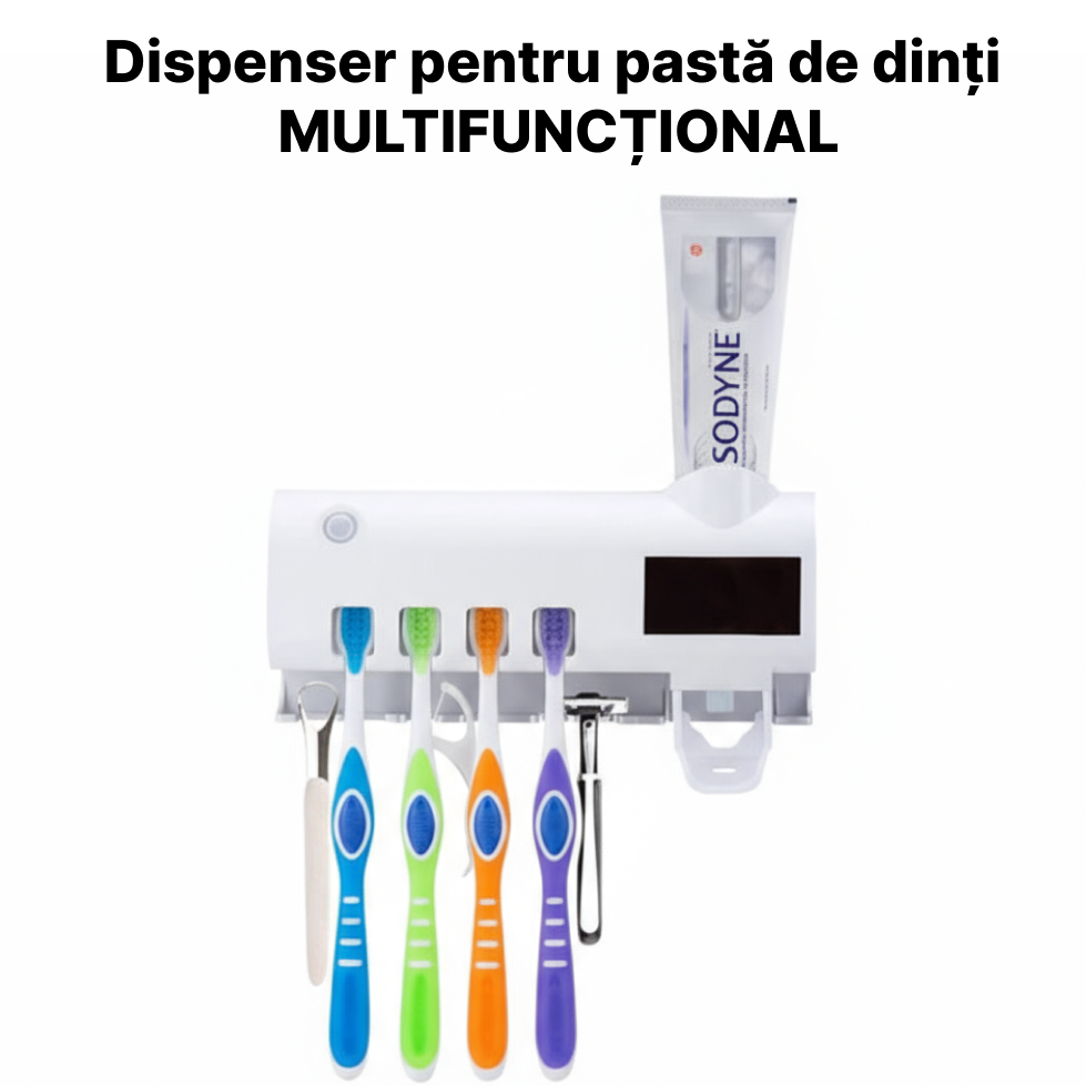 Dozator Pastă De Dinți Cu Sterilizator UV Pentru Periuțe | Încărcare USB | Suport 4 Periuțe