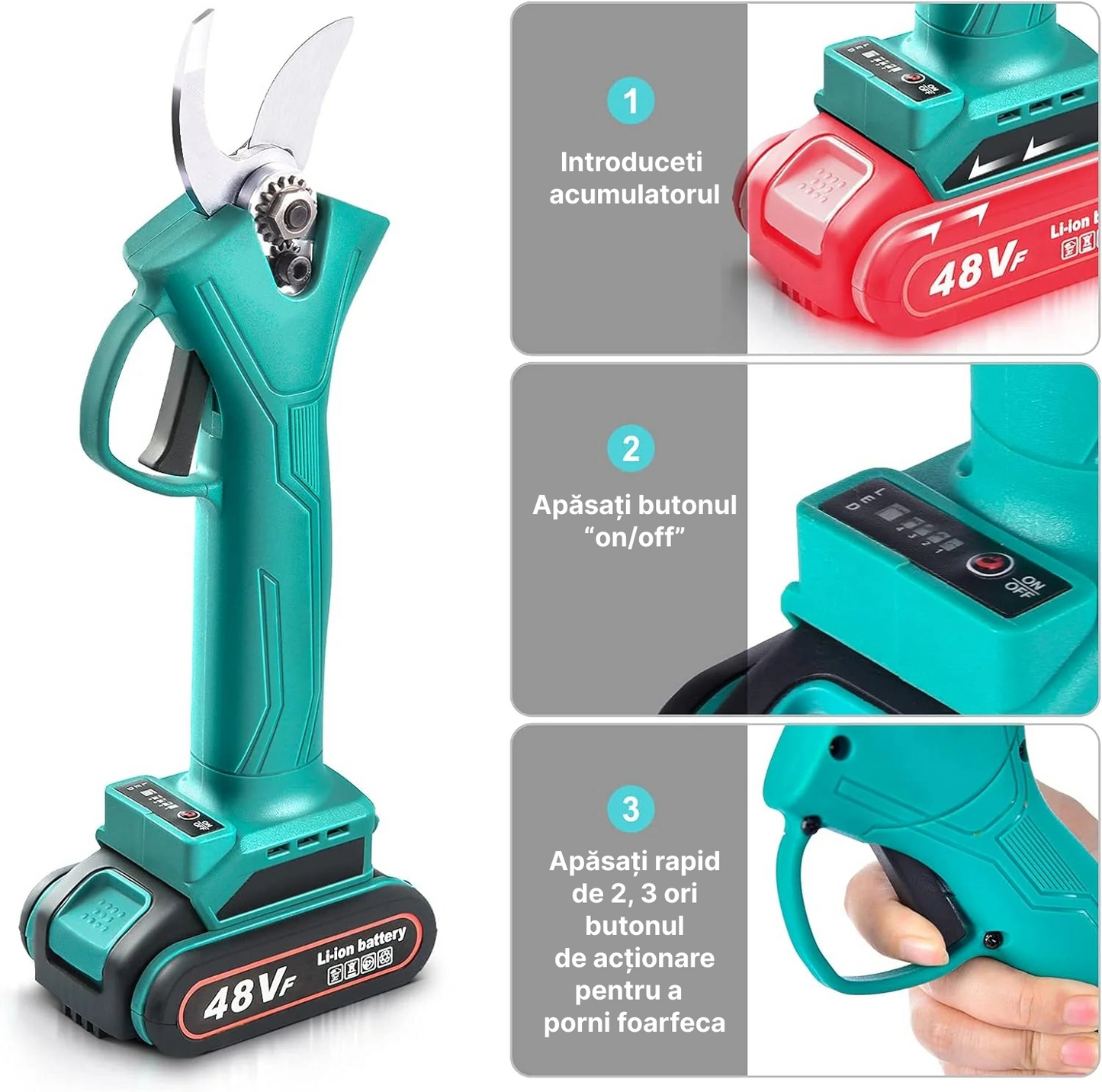 Foarfeca Electrica Pentru Vita De Vie Si Crengi | 2 Acumulatori 48V 2Ah | Taiere 30mm