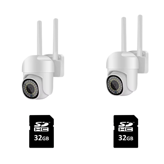 Set 2 Camere Supraveghere, Conexiune Wi-Fi, Full HD, 360°, IP66, Carduri Memorie Cadou