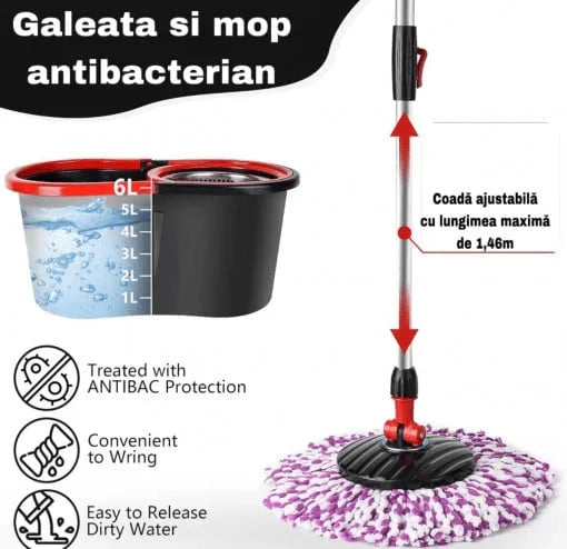 Set Mop Magic Rotativ 360° | Cu Talpă Și Cuvă Din Inox + 4 Rezerve Microfibră + Perie Pentru Rosturi