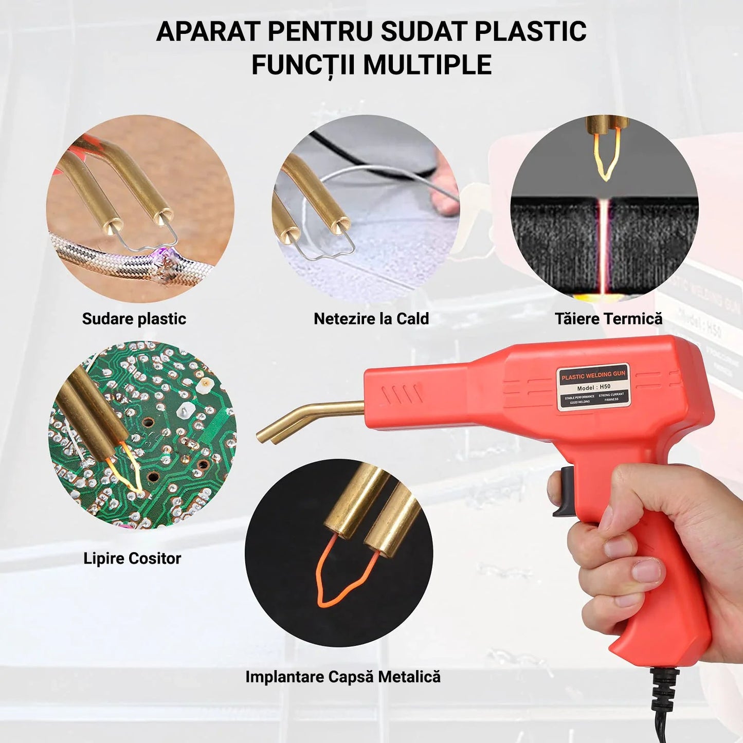 Pistol Profesional Pentru Lipit Plastic | 50W, Kit Reparare Fisuri, 200 Capse, Protectie Supraincalzire