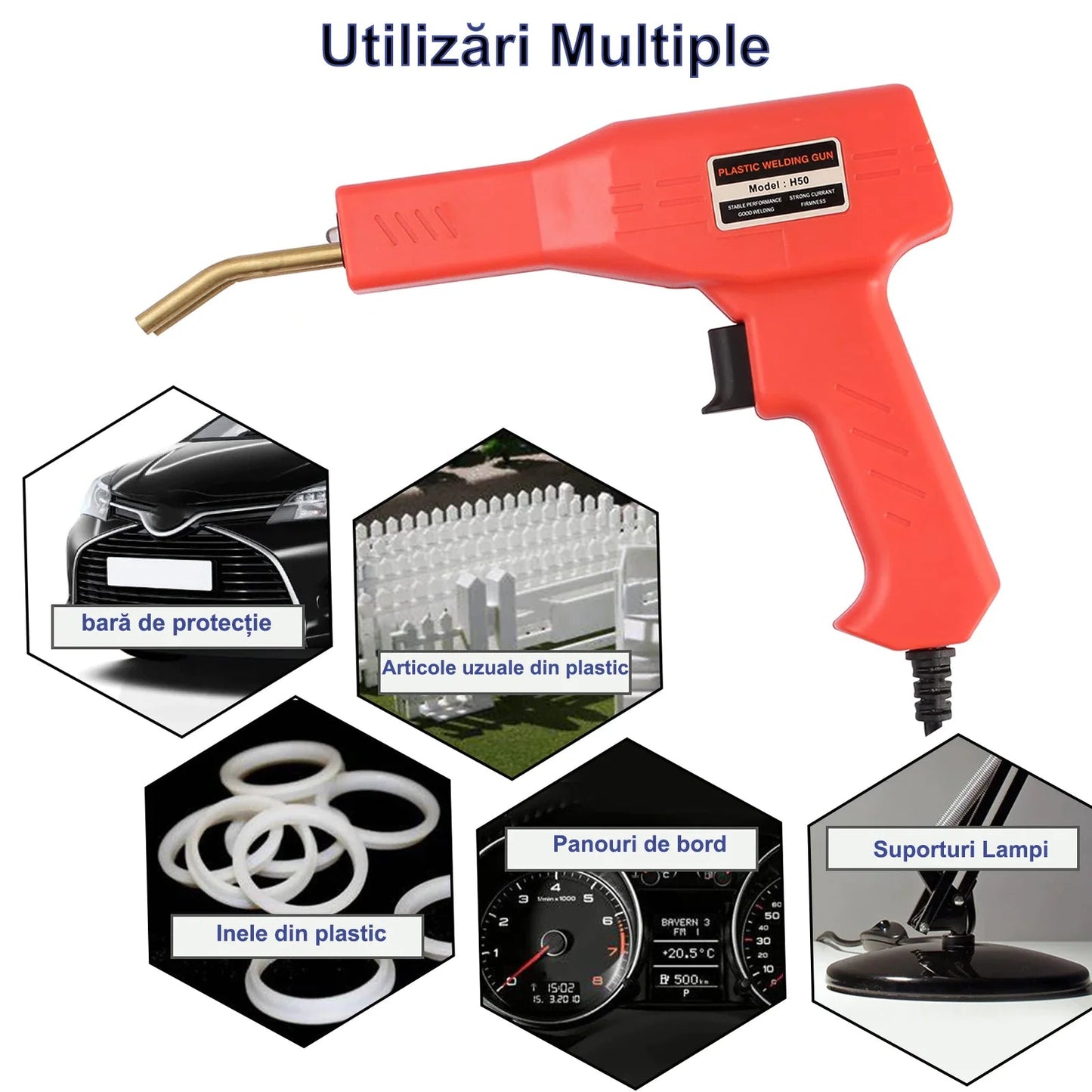 Pistol Profesional Pentru Lipit Plastic | 50W, Kit Reparare Fisuri, 200 Capse, Protectie Supraincalzire