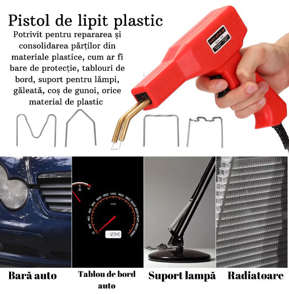 Pistol Profesional Pentru Lipit Plastic | 50W, Kit Reparare Fisuri, 200 Capse, Protectie Supraincalzire
