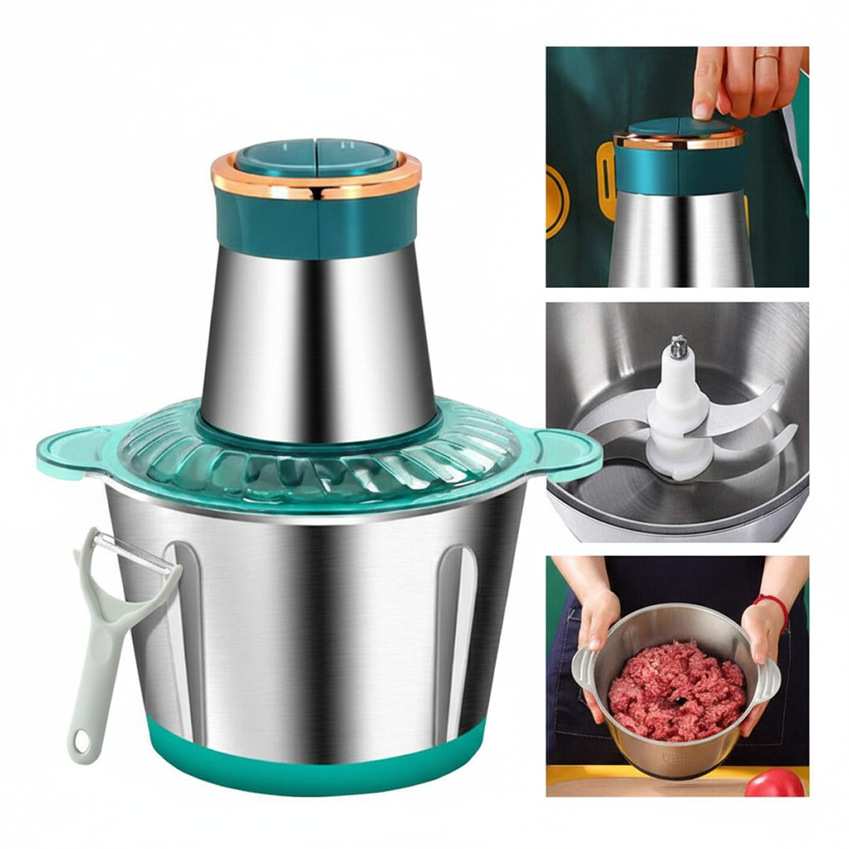 Tocator Electric Multifunctional 850W | 4 Lame Din Otel Inoxidabil, Bol Inox 2L, 2 Viteze