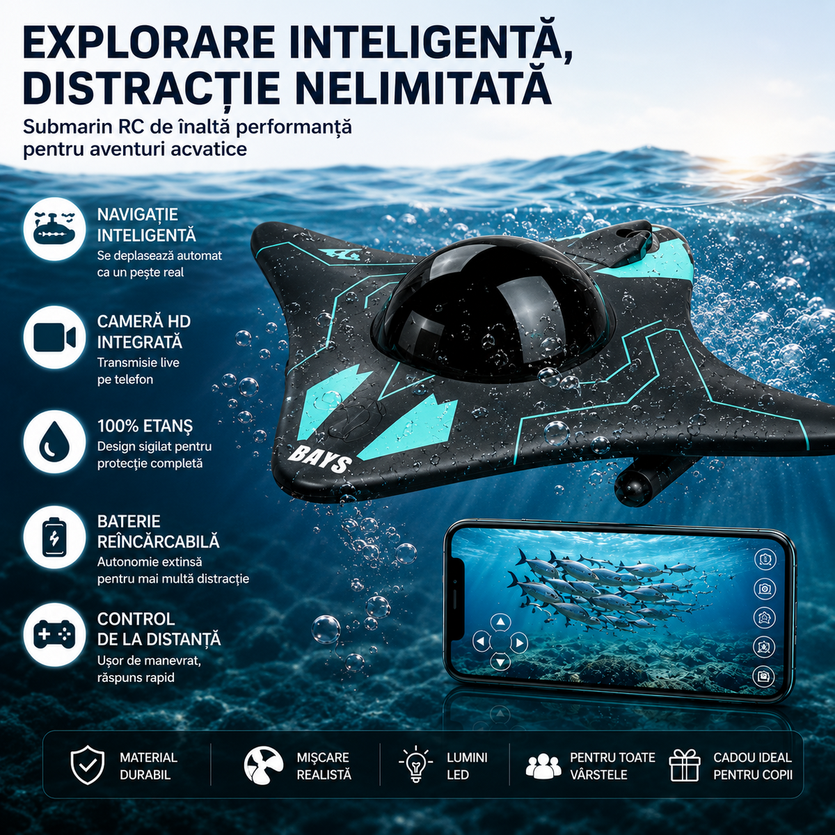 Submarin RC cu Cameră HD 1080P și Transmisie WiFi, Control prin Telecomandă și Aplicație