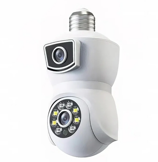 Cameră WiFi tip Bec E27 cu Două Obiective 2MP+2MP, Rotativă, Alarmă și Card 32 GB Cadou