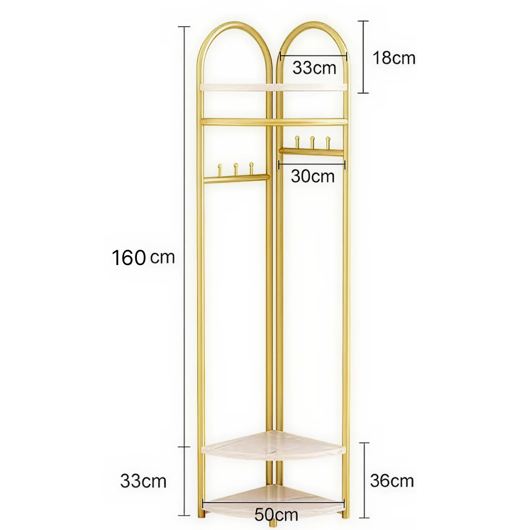 Cuier de Hol Metalic Auriu | Suport Haine Freestanding cu Roti | Baza Stabila | 51x34x160cm | Hol Dormitor Living si Birou