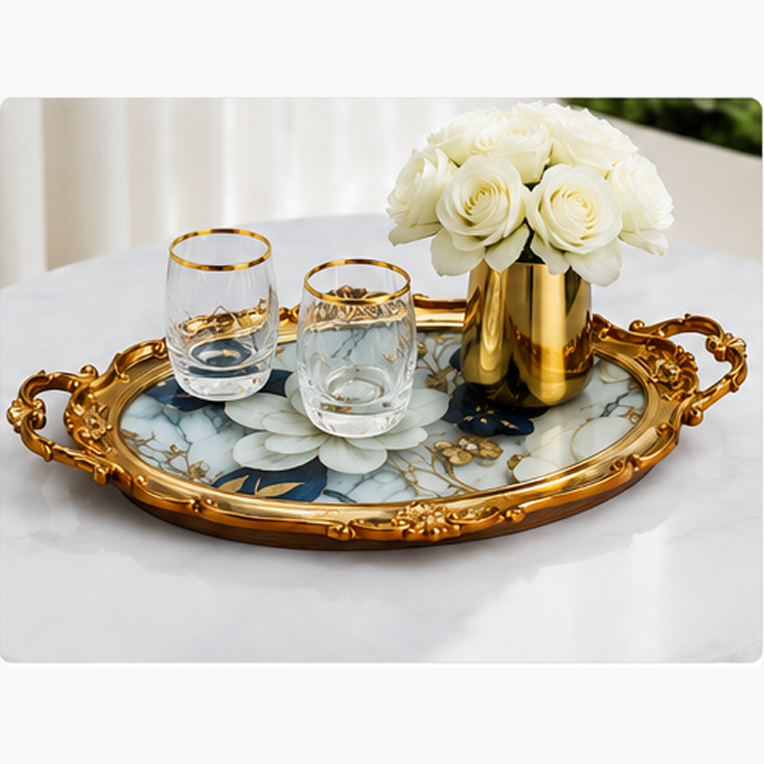Tava Decorativa din Sticla cu Manere | 47 x 29.5 cm | Rama din Lemn | Design Elegant