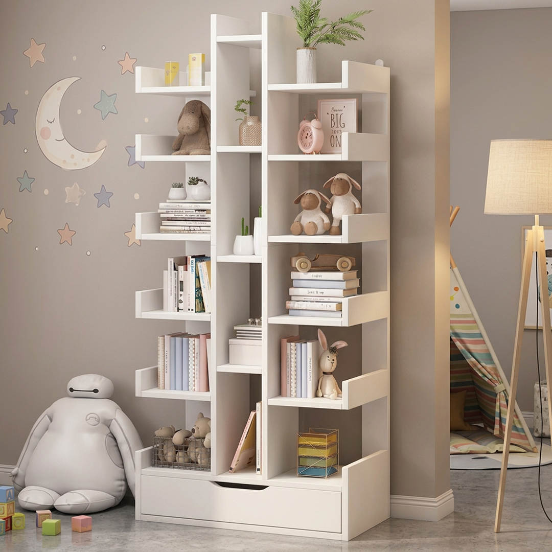 Biblioteca Moderna cu 18 Rafturi si Sertar | Design Tip Copac | MDF | 51x18x168 cm