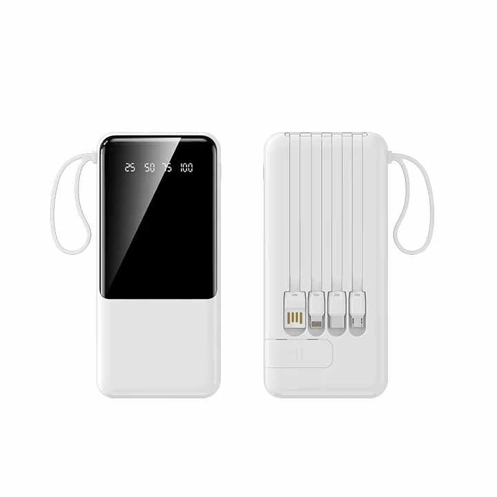Baterie externă 6000mAh cu 4 cabluri integrate USB, micro USB, USB Type-C și iPhone.