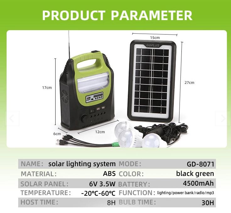 Kit solar portabil GD-8071 Plus, USB, 3 becuri, lanterna LED