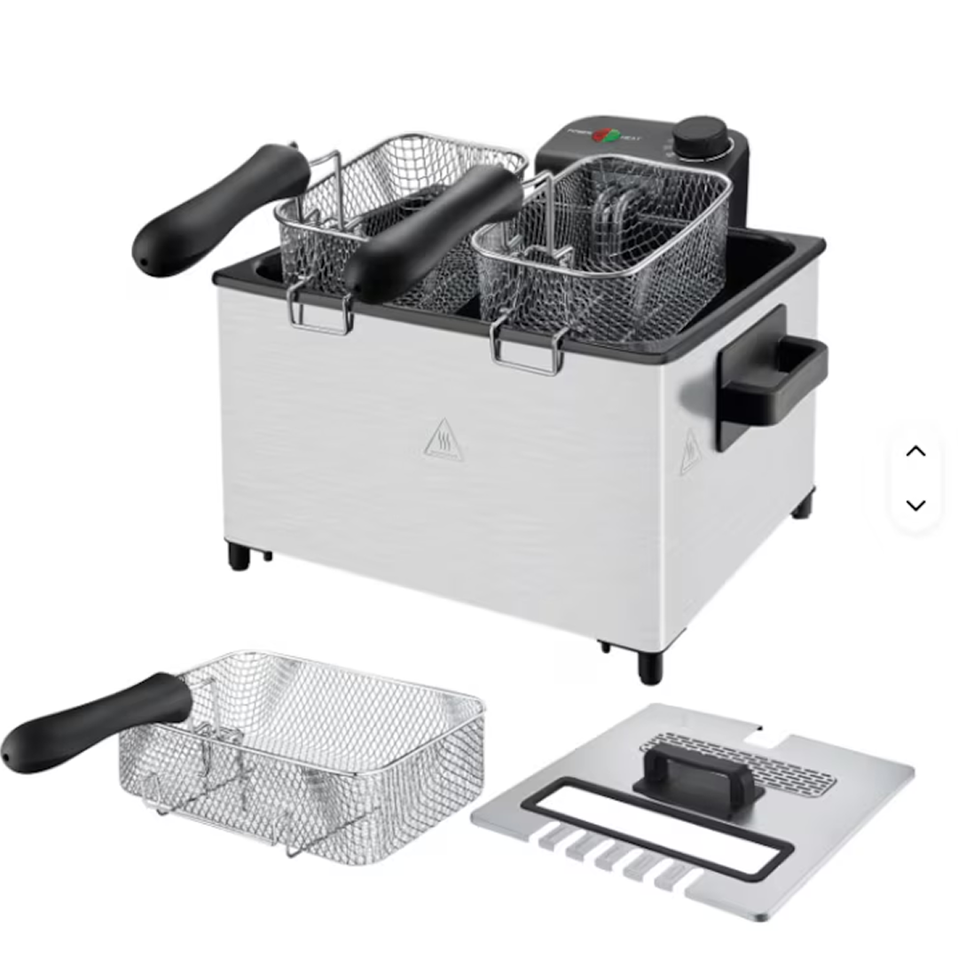 Friteuza Electrica Cu Ulei 5.5L | 2000W | Termostat Reglabil 0-190°C | Incalzire Rapida | Otel Inoxidabil | Argintiu