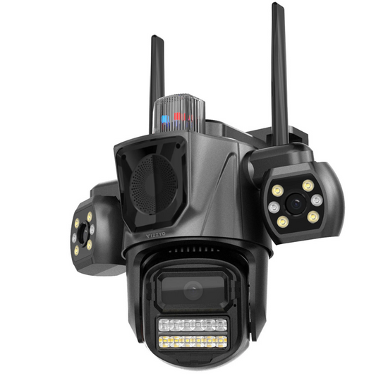 Cameră supraveghere triplă WiFi – Vizzyo TriShield 3 în 1, 9 MP, panoramă 360°, audio bidirecțional, IP66