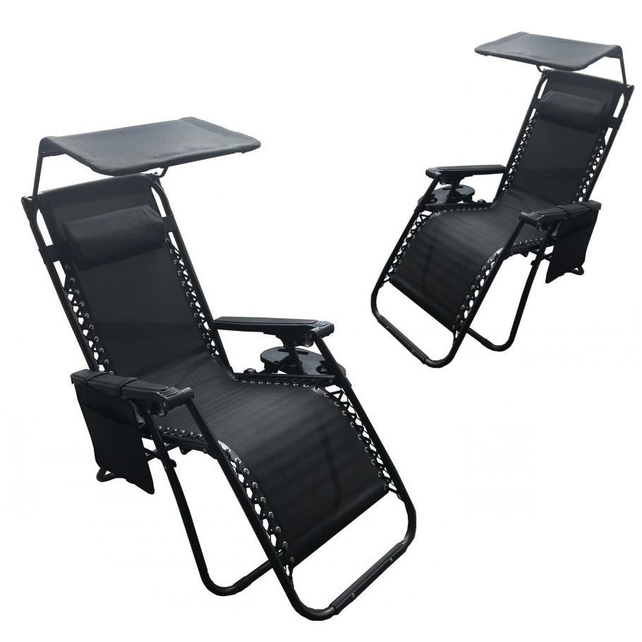 SET 2X Sezlong Pliabil si Ajustabil cu Suport Lateral, Acoperis, Tetiera si Cotiera