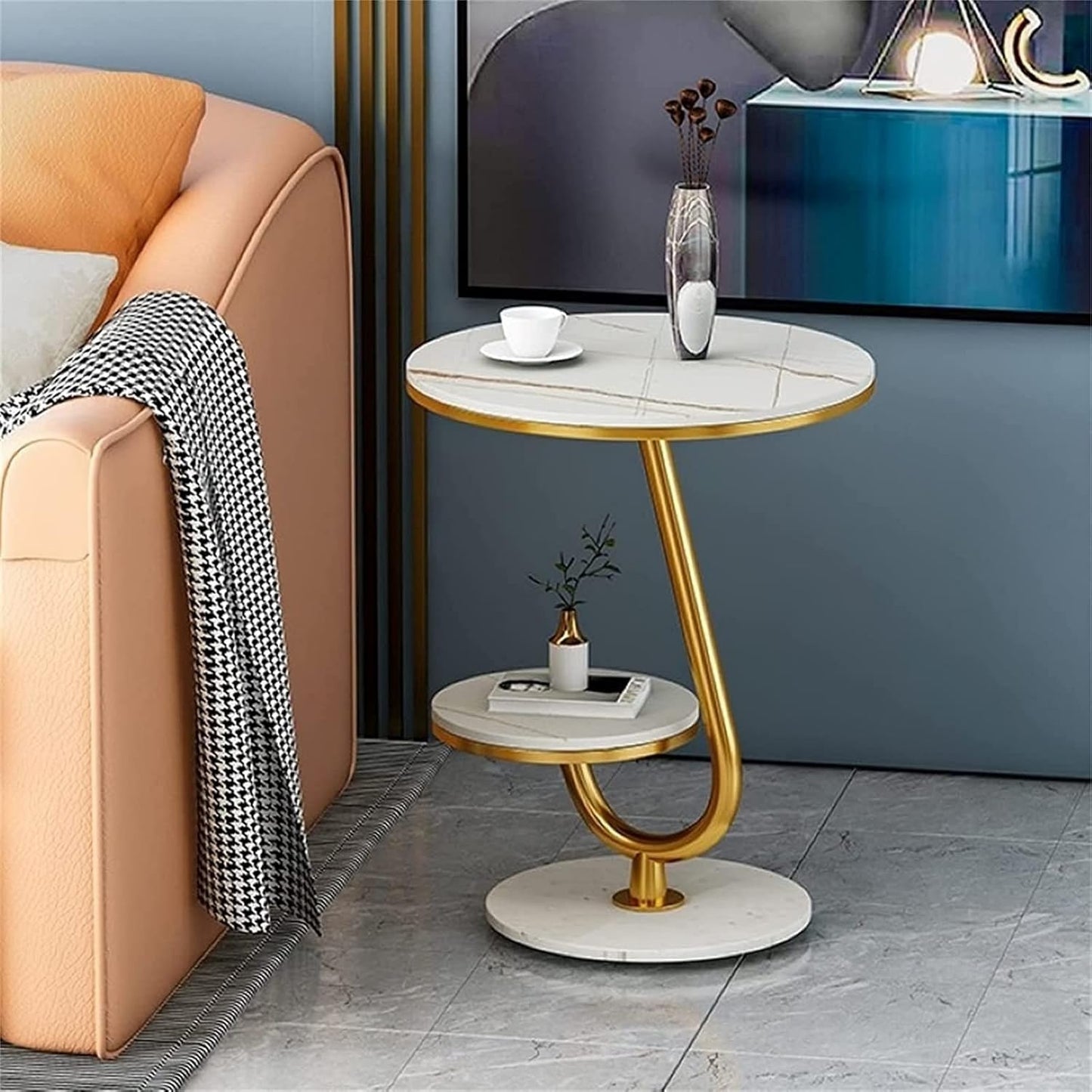 Masuta dubla cafea model marmura alb-auriu 45x60 cm cu raft – Design modern premium, stil elegant cu depozitare dubla