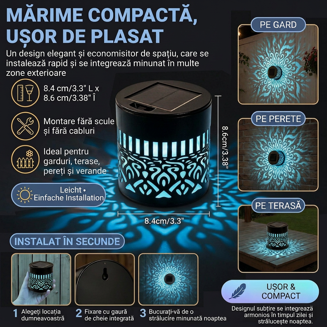 Lampa Solara de Perete cu Proiectie Mandala | Lumina multicolora RGB | Aprindere Automata | Metal | Exterior | 8.6x8.4 cm