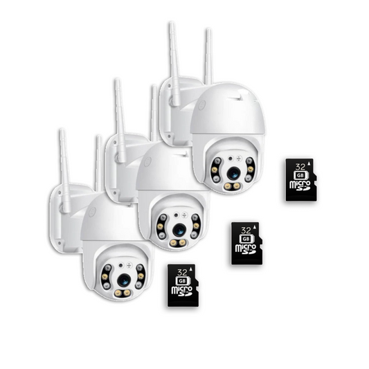 Pachet Promo, 3 Camere de Supraveghere WI-FI WERSTIL, de Exterior, Rotativ 360°, cu Senzorde Miscare + 3 Carduri Memorie 32 GB Cadou
