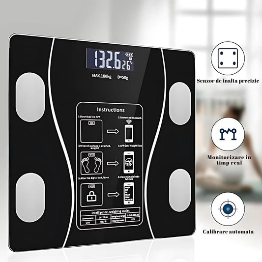 Cantar Corporal Smart | Ecran Digital Iluminat | Bluetooth Android iOS | Analiza Corporala Completa | 180 Kg Max