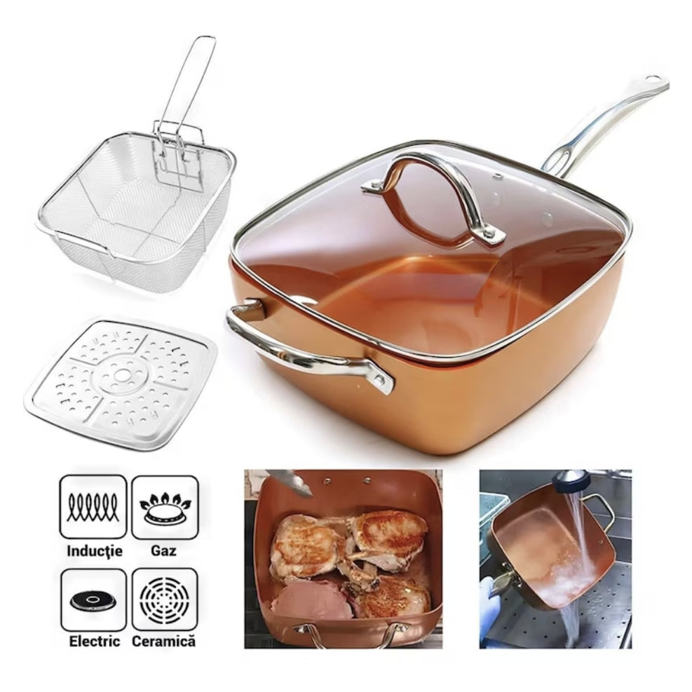 Tigaie Multifunctionala 5 Piese | Non-Aderenta Din Ceramica Si Inox Cu Capac, Cos Si Gratar