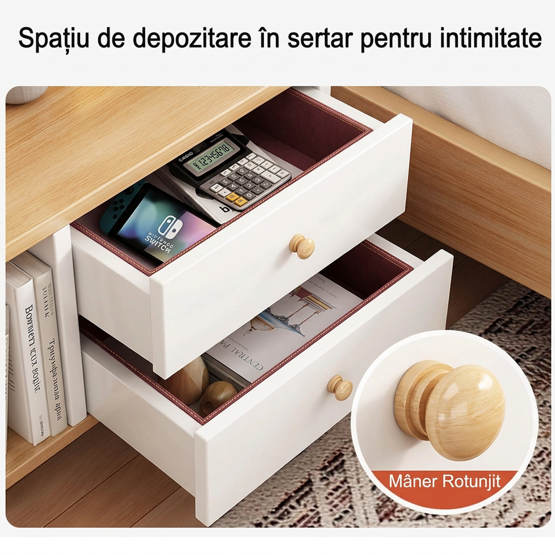 Noptiera Alba cu 2 Sertare si Raft Deschis | MDF | Picioare din Lemn | 40x30x53 cm