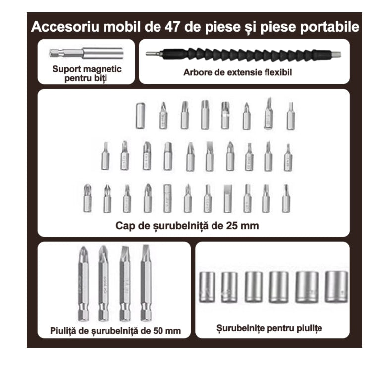 Surubelnita Electrica Portabila | 6 Nm Cuplu, Baterie Li-Ion 1800mAh, Maner Ajustabil, Set Accesorii