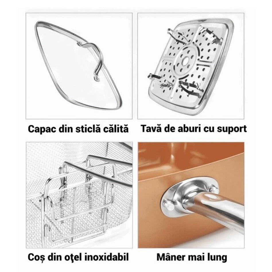 Tigaie Multifunctionala 5 Piese | Non-Aderenta Din Ceramica Si Inox Cu Capac, Cos Si Gratar