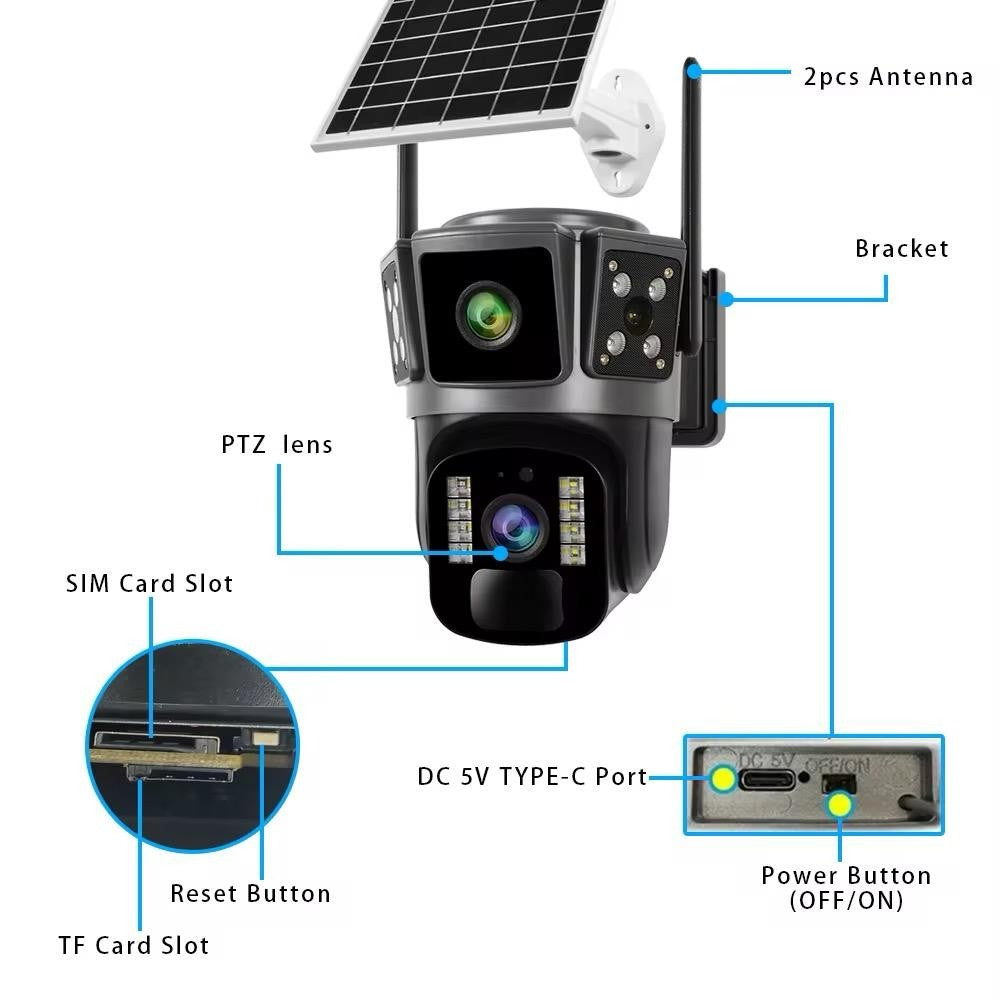 Camera Supraveghere cu Panou Solar, UltraHD, 360, Conexiune 4G, Night Vision, Detectie Umana, Acoperire totală + Card Memorie Cadou
