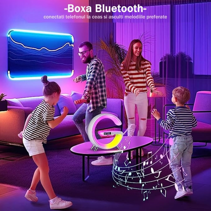 Statie Incarcare Wireless 3 in 1 | Boxa Bluetooth, Lampa RGB Smart, Ceas Digital cu Alarma, Control prin Aplicatie
