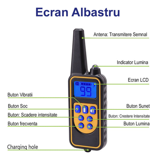 Zgarda Electrica Reincarcabila Pentru Dresaj Caini | 4 Moduri De Antrenament | Raza 800m | Rezistenta La Apa | Autonomie Mare