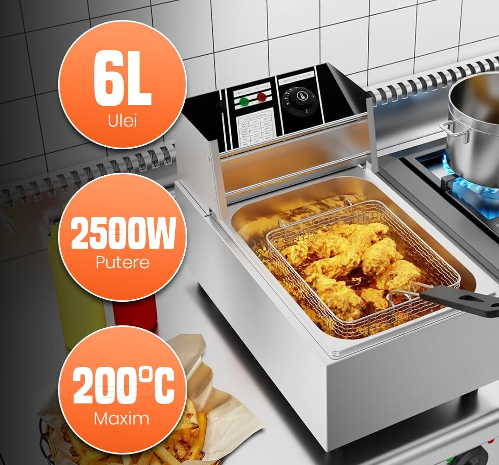 Friteuza Electrica Profesionala | 6 Litri Inox, 2500W, Termostat Reglabil, Uz Comercial si Casnic