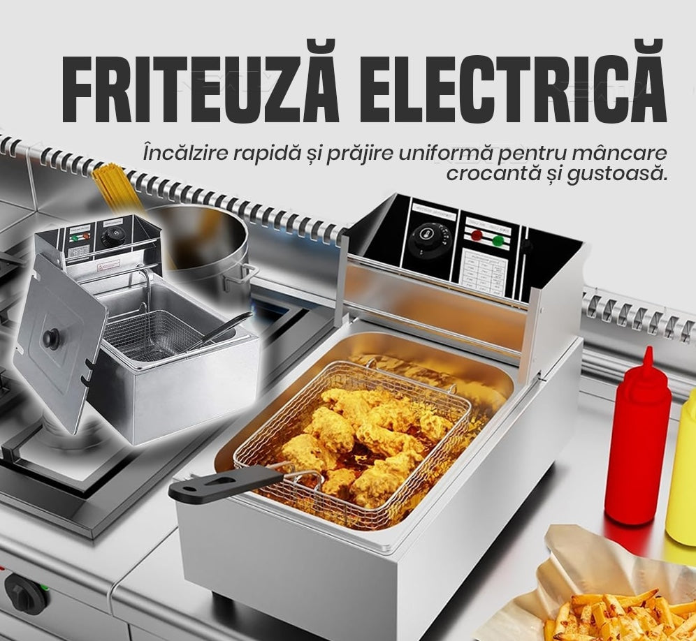 Friteuza Electrica Profesionala | 6 Litri Inox, 2500W, Termostat Reglabil, Uz Comercial si Casnic