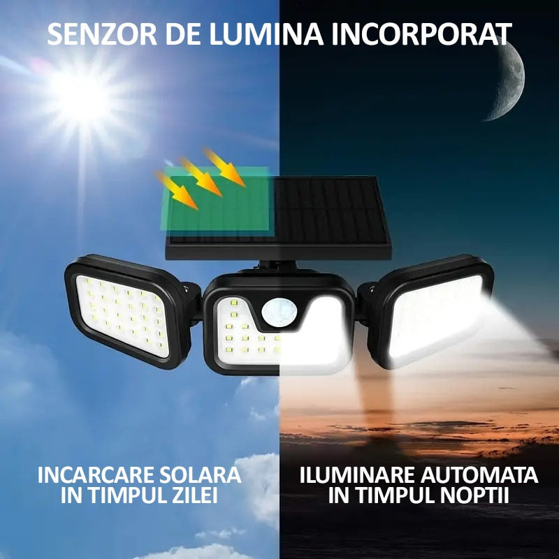 Lampa Tripla Solara De Perete | 74 LED-uri | 15W | 300LM | Senzor De Miscarе | IP65