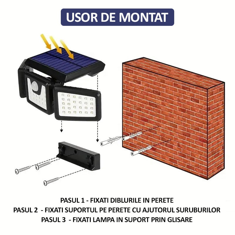 Lampa Tripla Solara De Perete | 74 LED-uri | 15W | 300LM | Senzor De Miscarе | IP65