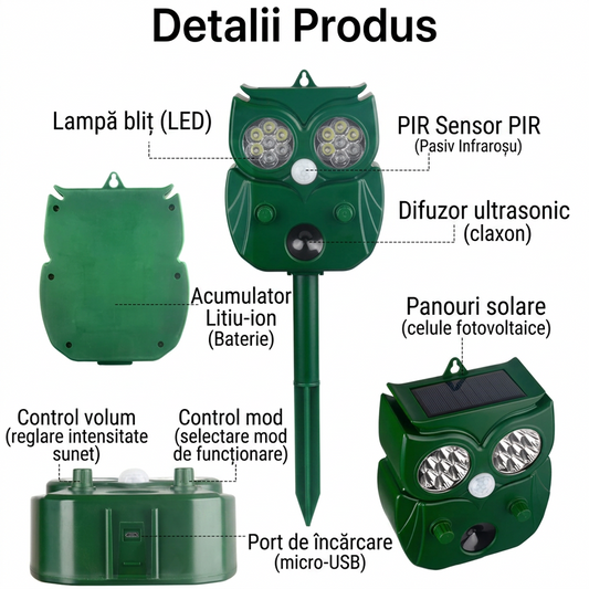 Aparat Solar Ultrasunete Impotriva Daunatorilor - Repelent Solar Animale Design Bufnita | Ultrasunete + 14 LED + Alarma Sonora | Senzor PIR 120° 10m | IP65 | 5 Moduri | USB + Solar