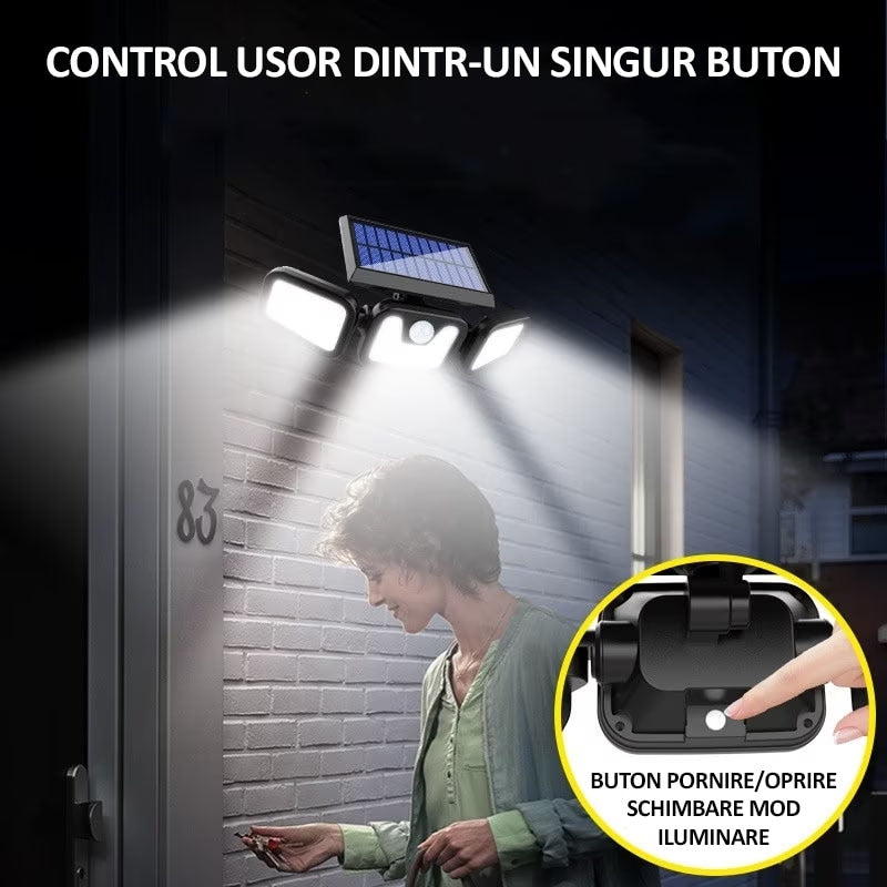Lampa Tripla Solara De Perete | 74 LED-uri | 15W | 300LM | Senzor De Miscarе | IP65